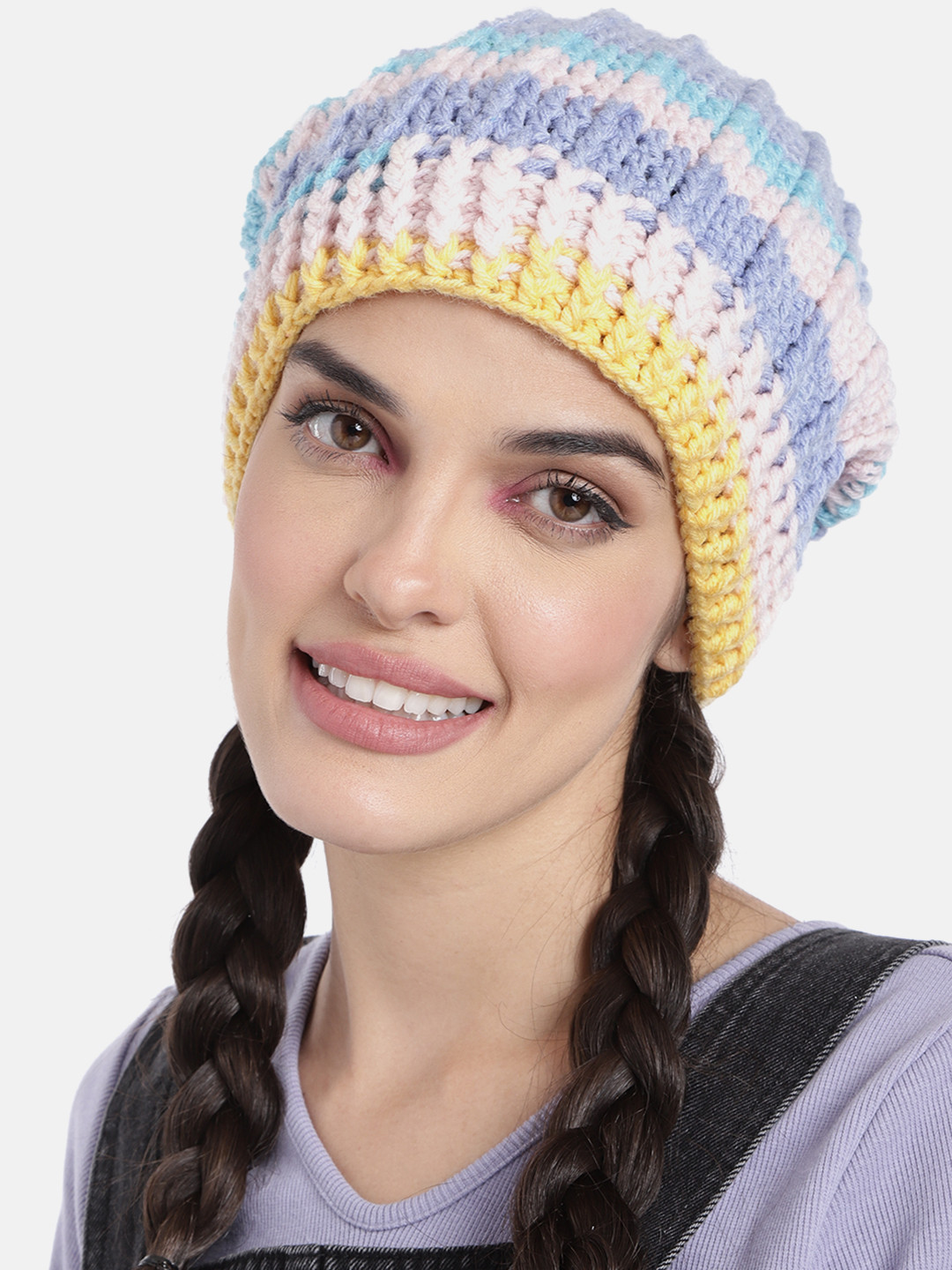 Magic Needles Women Blue & Pink Self-Striping Slouch Beanie