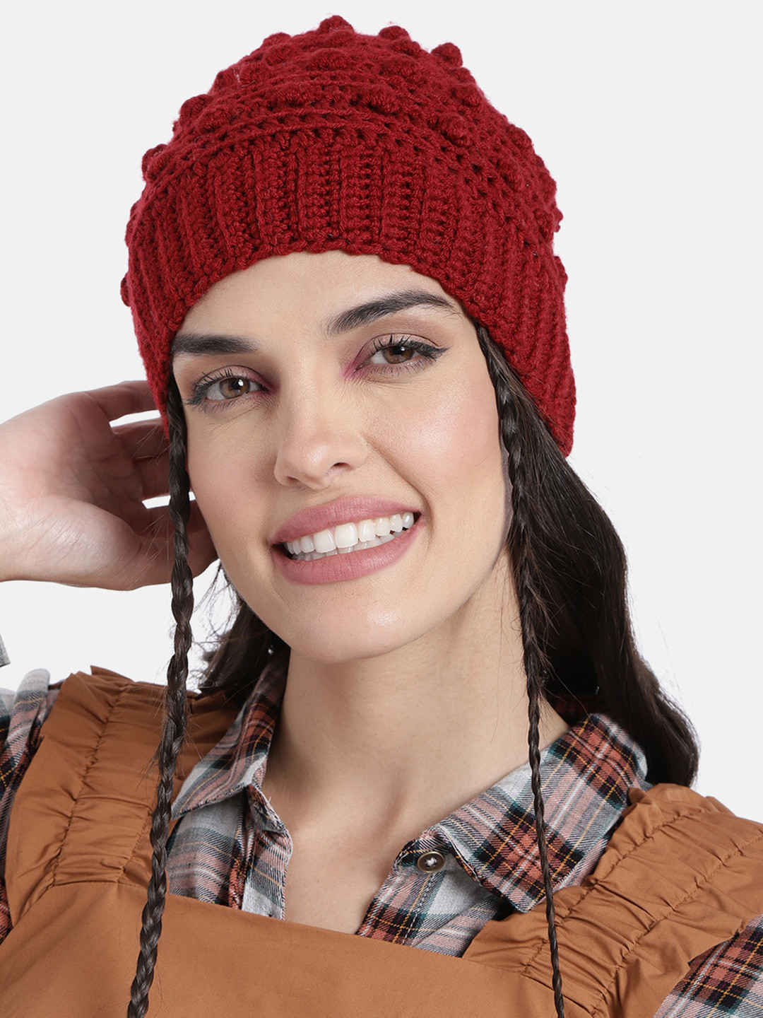 Magic Needles Women Maroon Popcorn Crochet Beanie