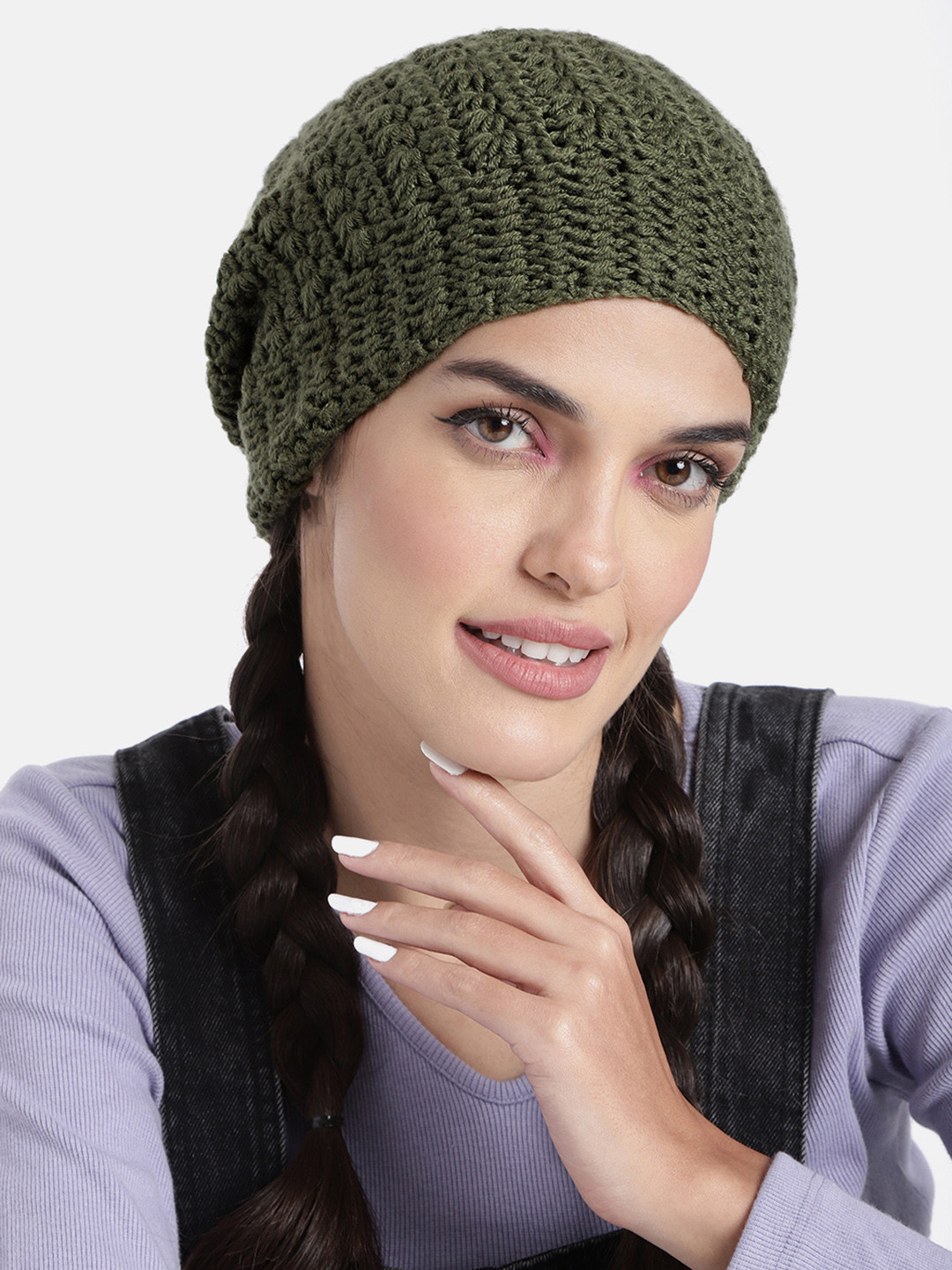 Magic Needles Women Olive Green Crocheted Beanie