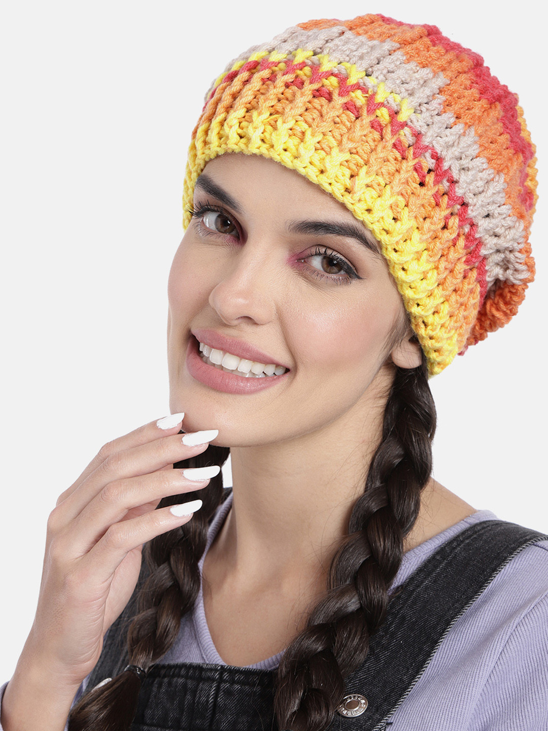 Magic Needles Women Orange & Red Self Striping Slouch Beanie