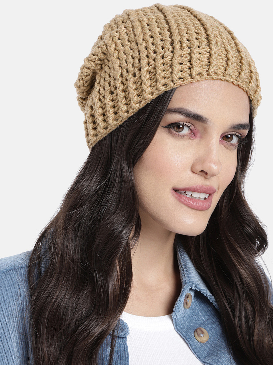 Magic Needles Women Khaki Ribbed Beanie