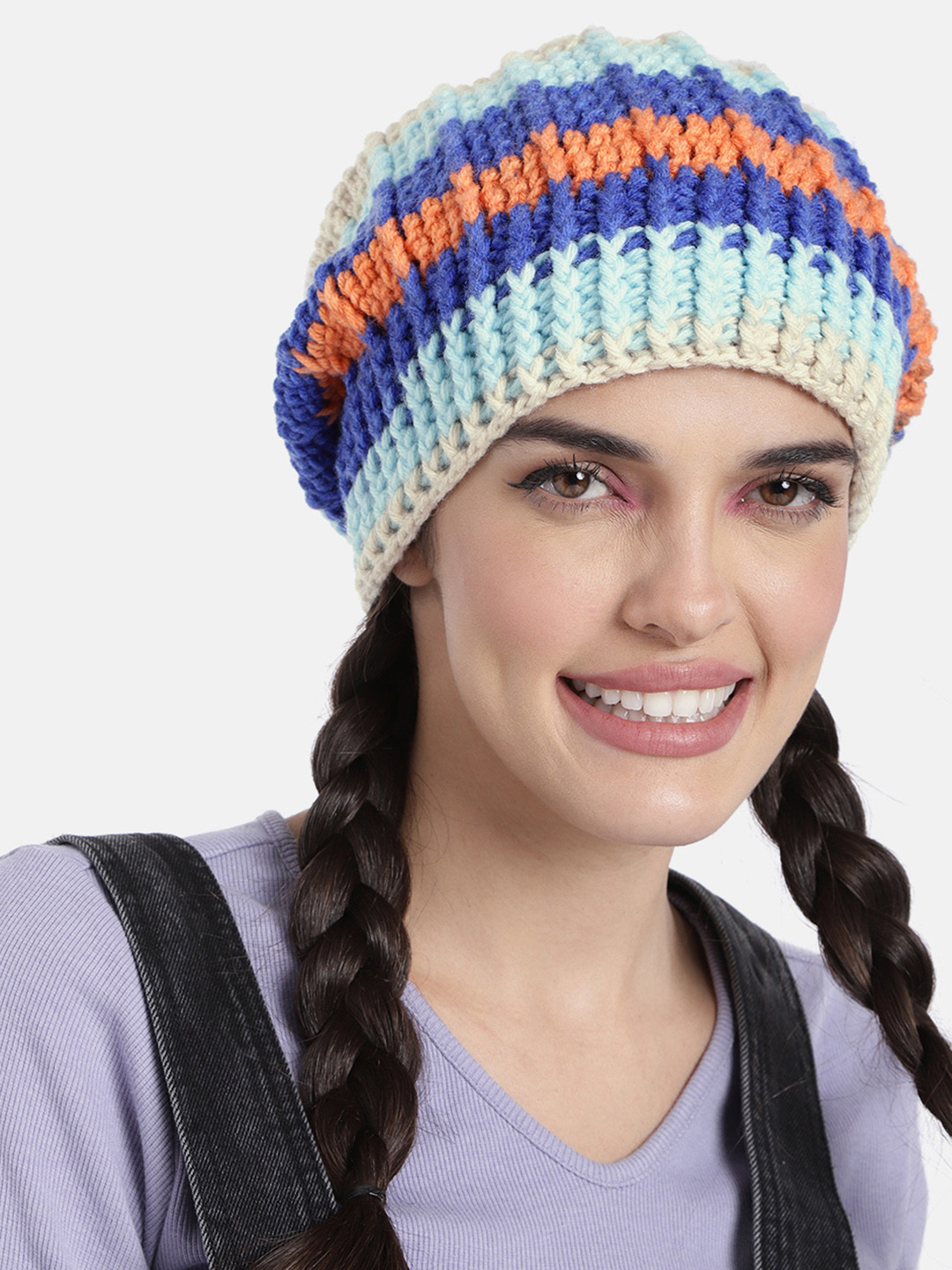 Magic Needles Women Blue & Off White Self Striping Slouch Beanie