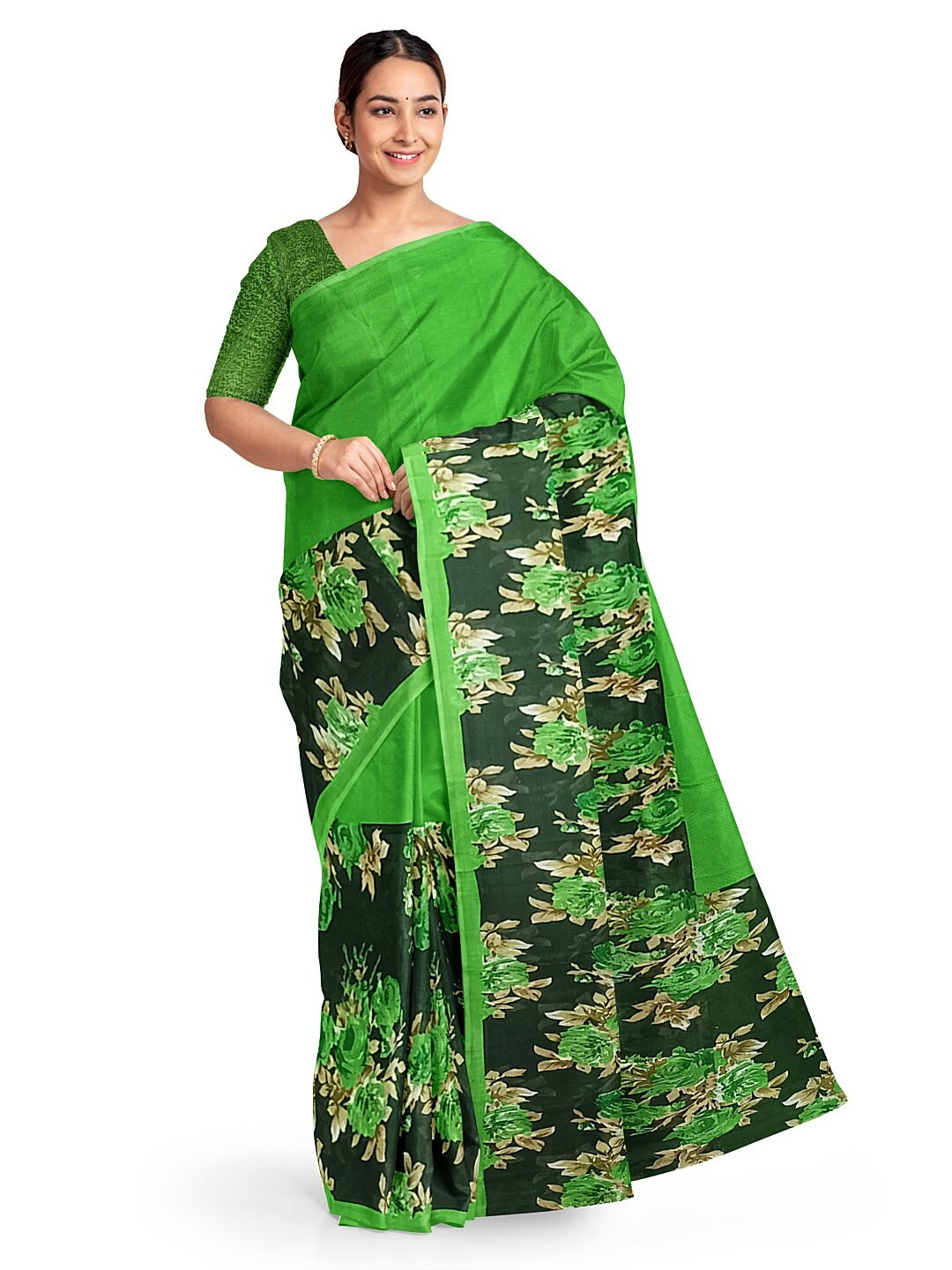 SAADHVI Green & Beige Floral Georgette Fusion Dharmavaram Saree With Unstithed Blouse