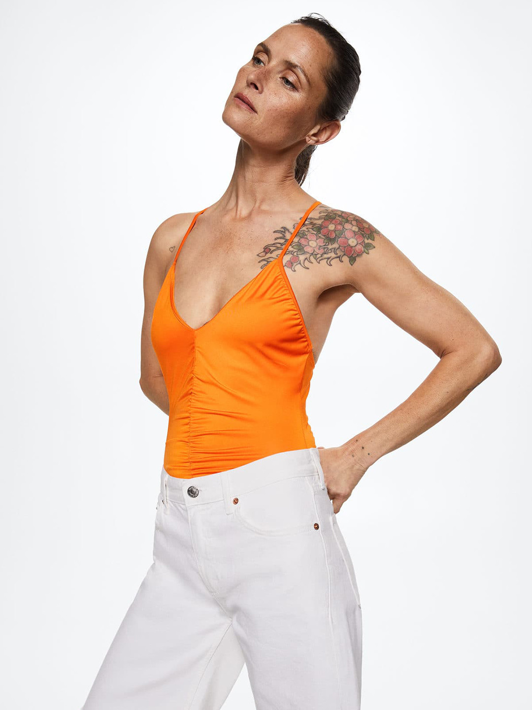 MANGO Women Orange Solid Ruched Bodysuit
