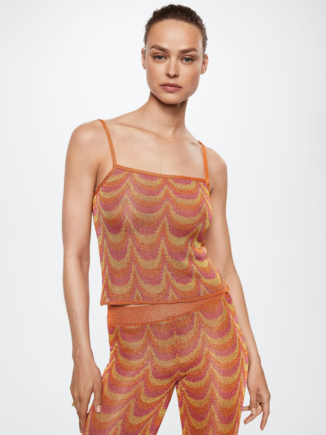 MANGO Orange & Pink Self-Design Shoulder Strap Top