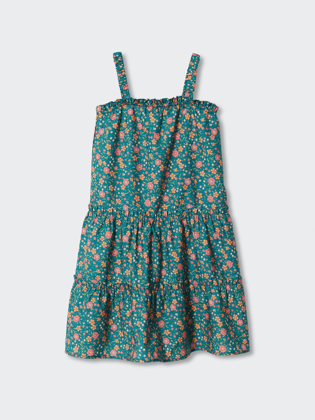 Mango Kids Girls Teal Green & Pink Floral Print Cotton   Tiered A-Line Dress