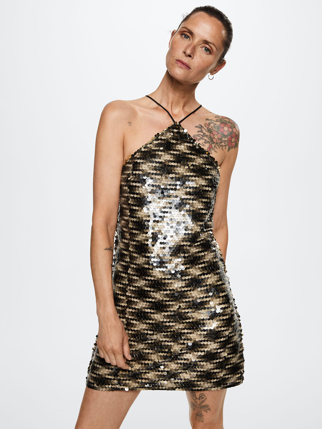 MANGO Black & Golden Sequinned Bodycon Mini Dress