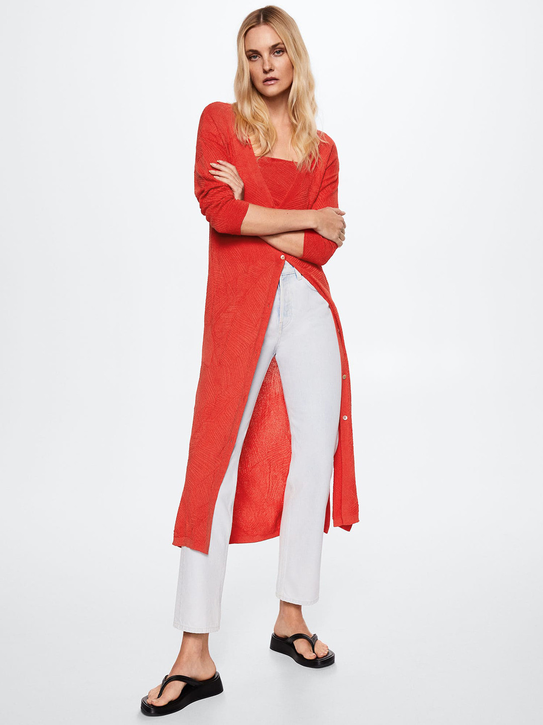 MANGO Women Cherry Red Longline Cardigan