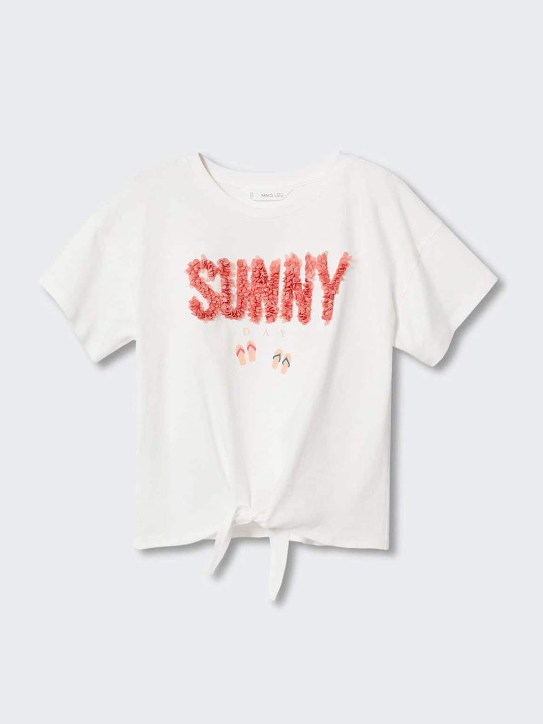Mango Kids Girls White & Peach-Coloured Pure Cotton Typography Applique T-shirt