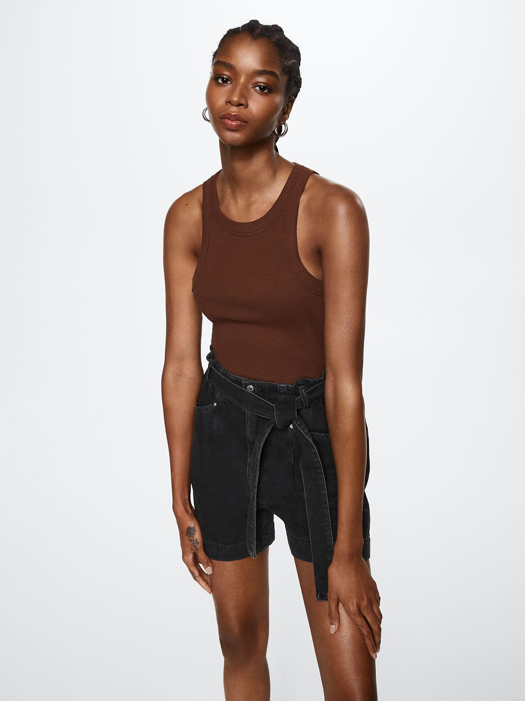 MANGO Women Black Pure Cotton High-Rise Denim Shorts with Belt