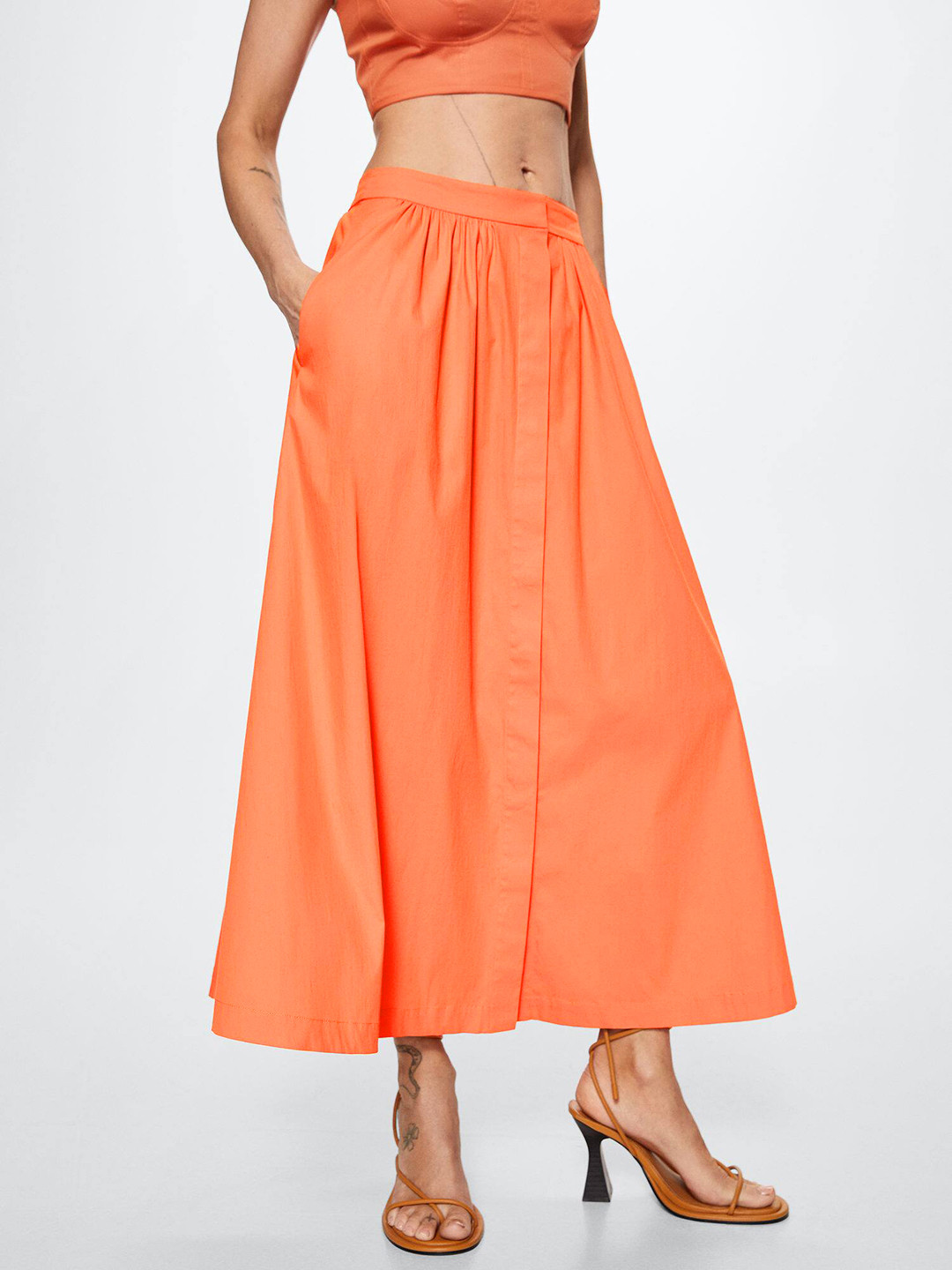 MANGO Coral Orange Solid Flared Maxi Skirt