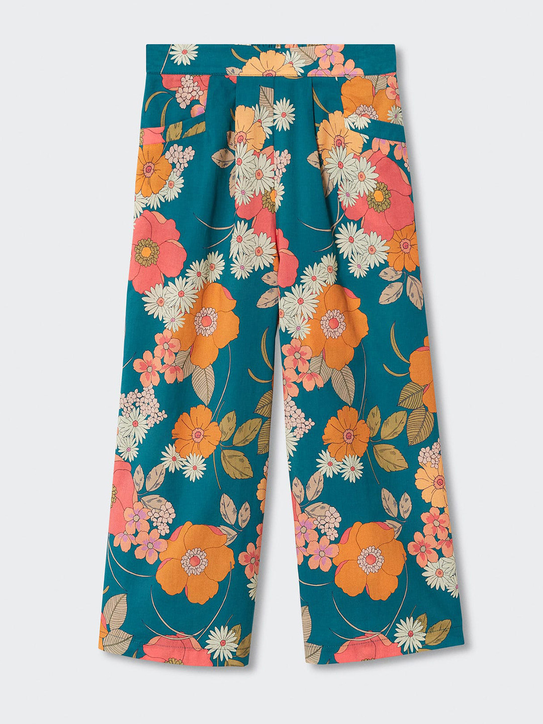 Mango Kids Girls Teal Green & Orange Pure Cotton Floral Printed RegularTrousers