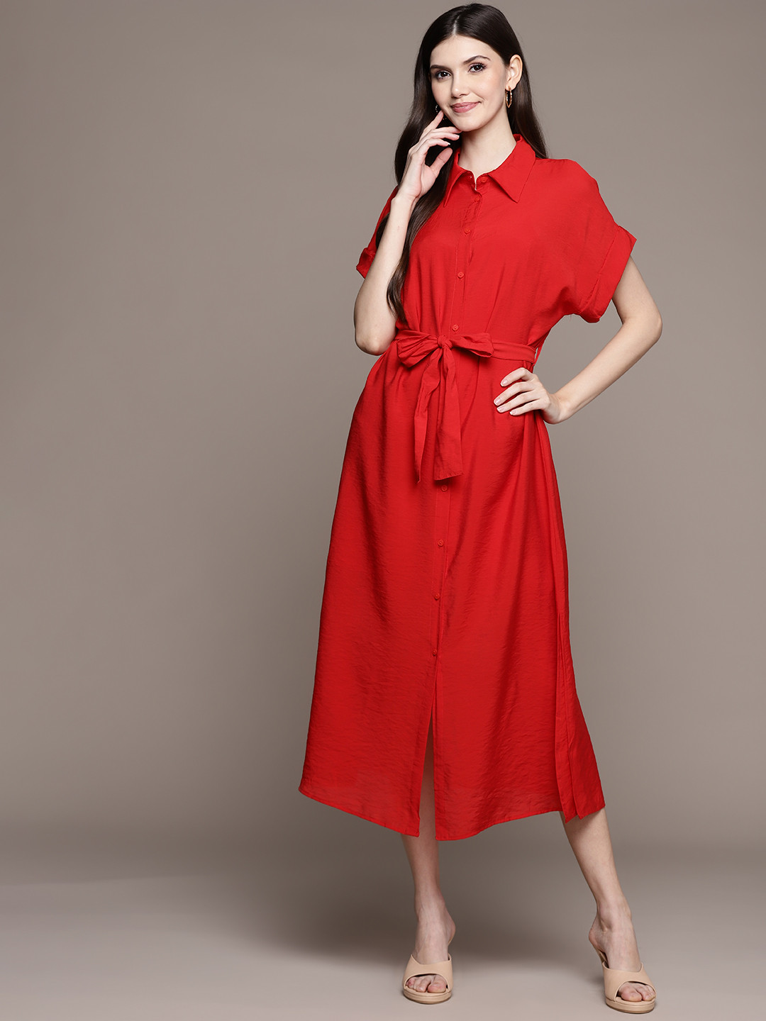 MANGO Red Solid Shirt Midi Dress
