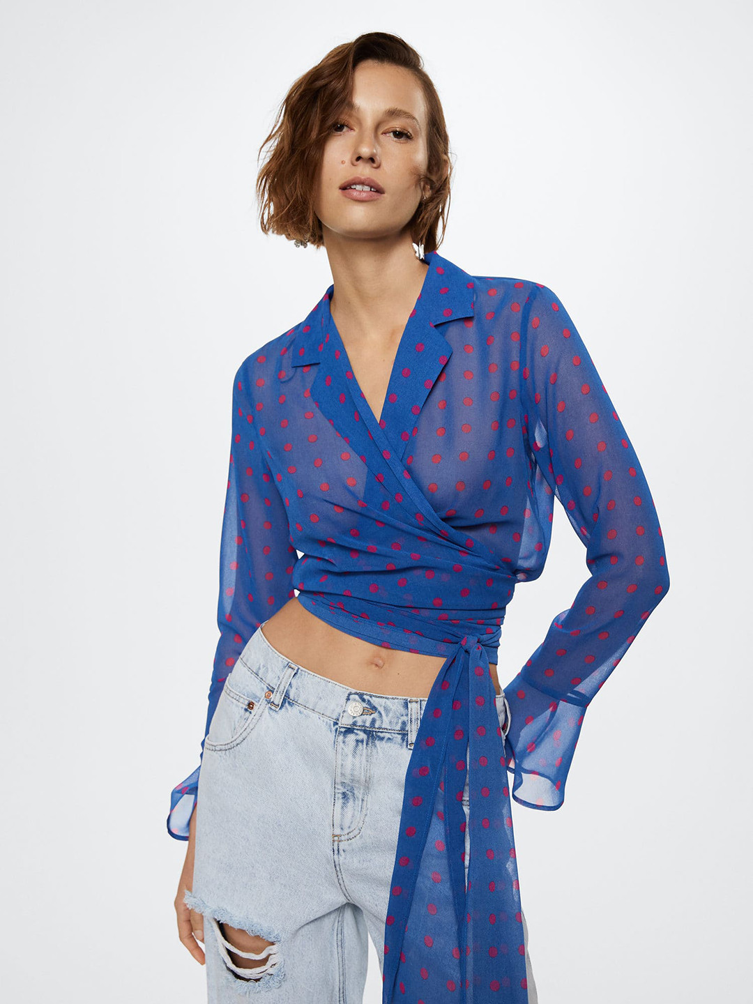 MANGO Blue & Pink Polka Dot Print Wrap Top