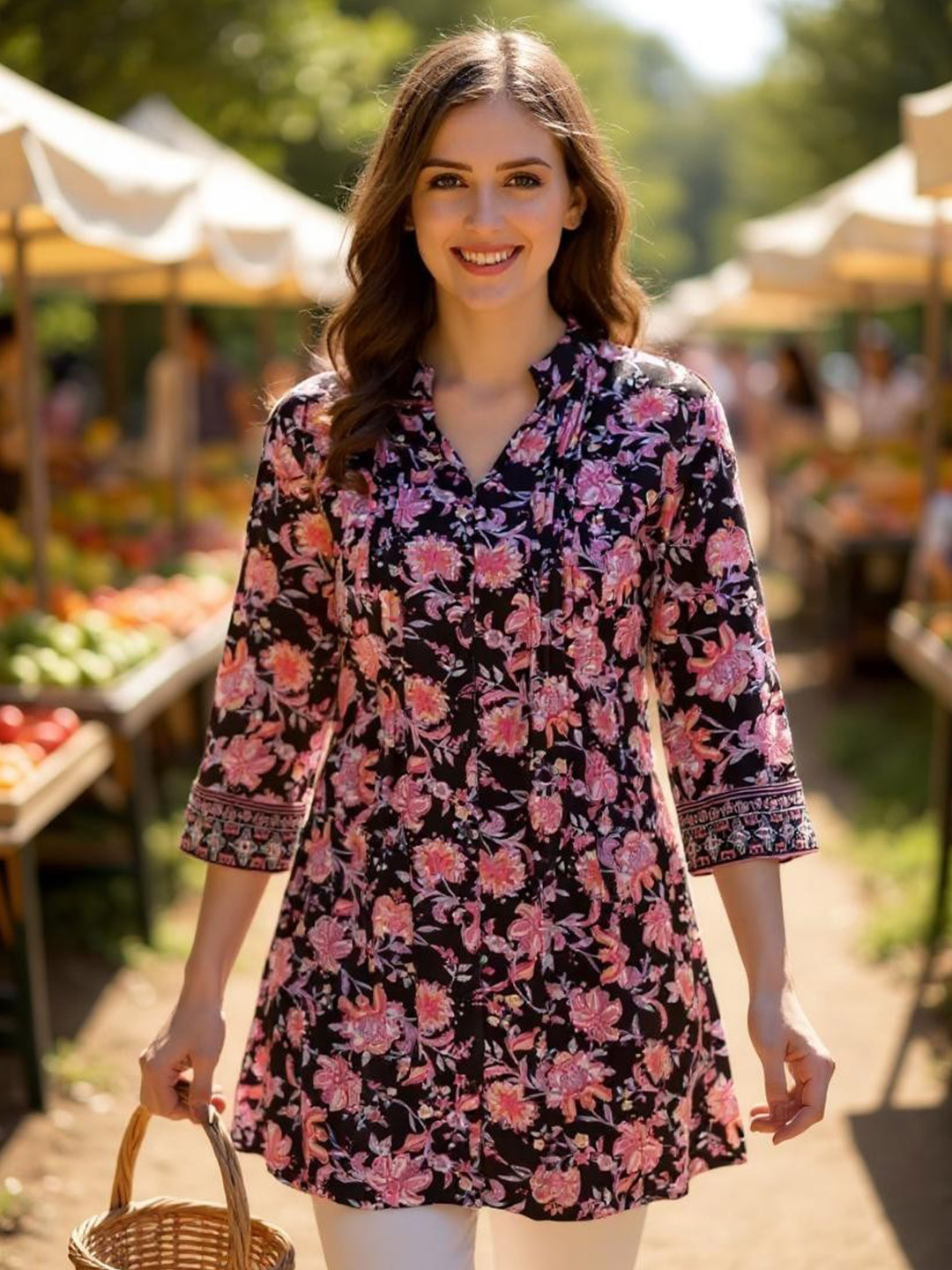 Hive91 Black & White Viscose Rayon Mandarin Collar Printed Tunic