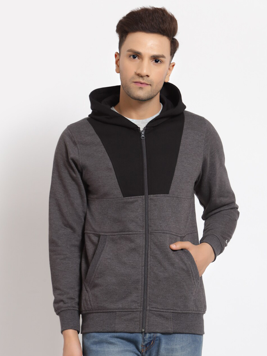 Kalt Men Grey  Colour Block Hoodie