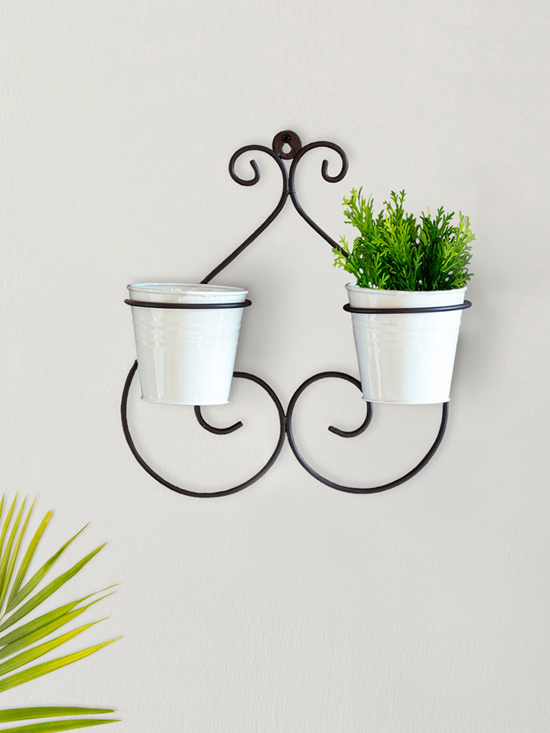 ExclusiveLane Set Of 2 Solid Symmetry Scroll Planters With Holder In Galvanized Iron