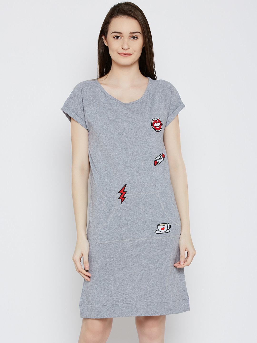 Slumber Jill Grey Melange Applique Detail Sleep T-shirt FWSJ923