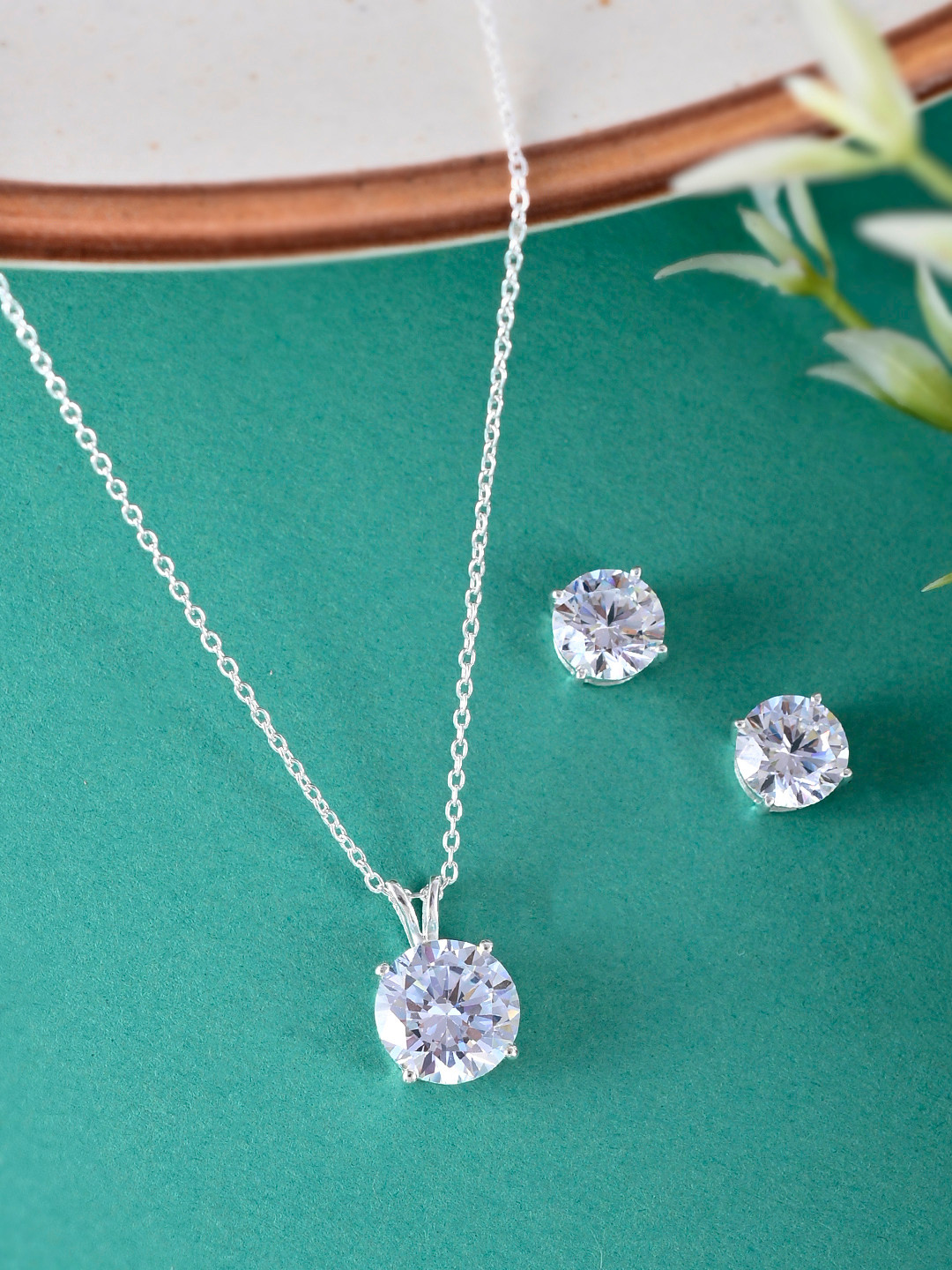 Studio Voylla CZ Studded 925 Sterling Silver Pendant Set