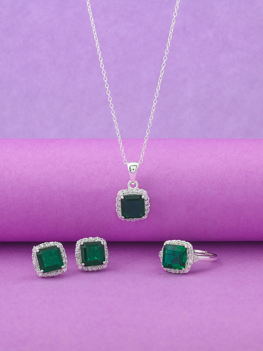 Studio Voylla Women 925 Sterling Silver-Toned & Green CZ Gems Stone Studded Jewelry Set