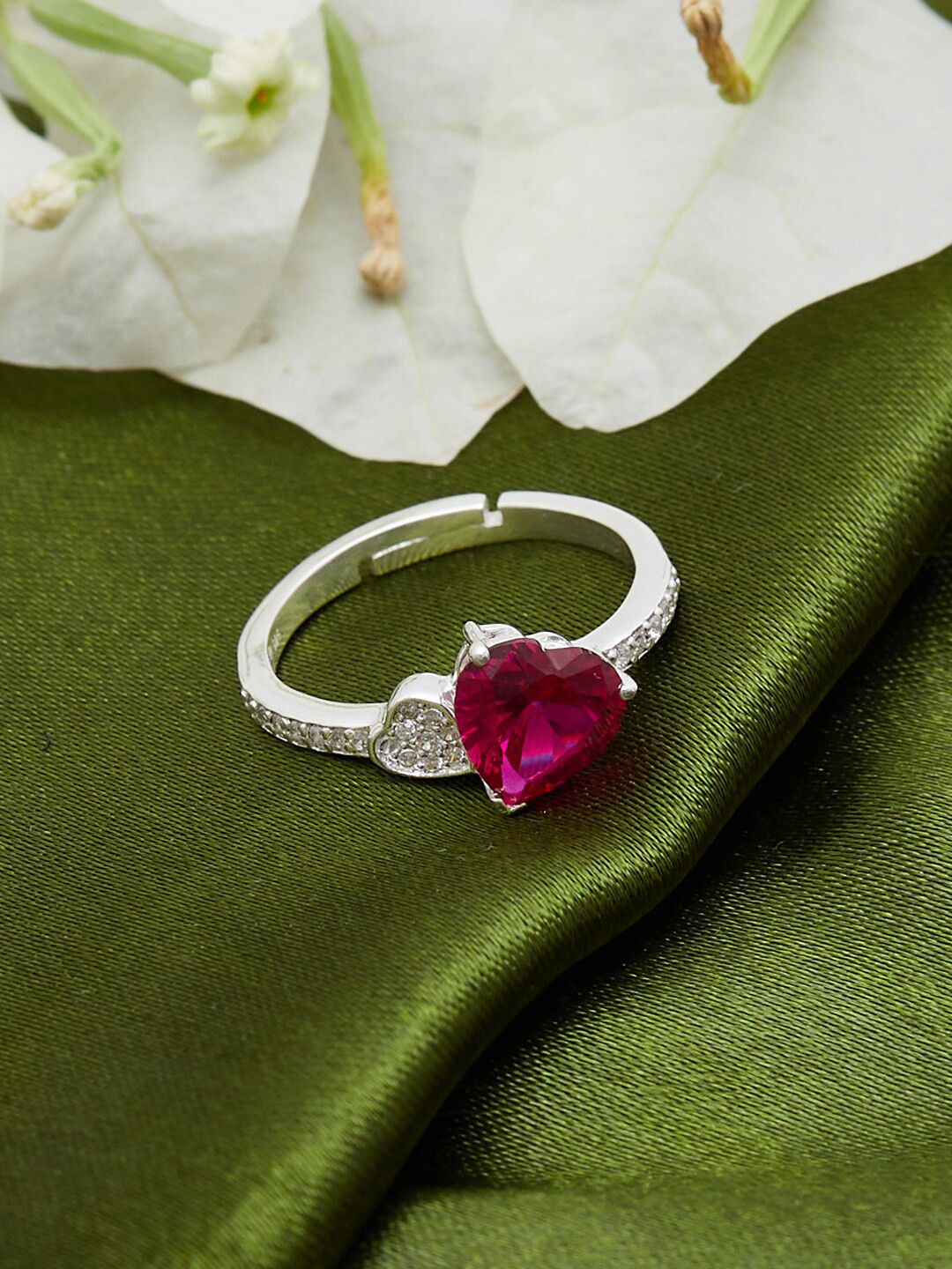 Studio Voylla 925 Sterling Silver Red CZ-Studded Finger Ring