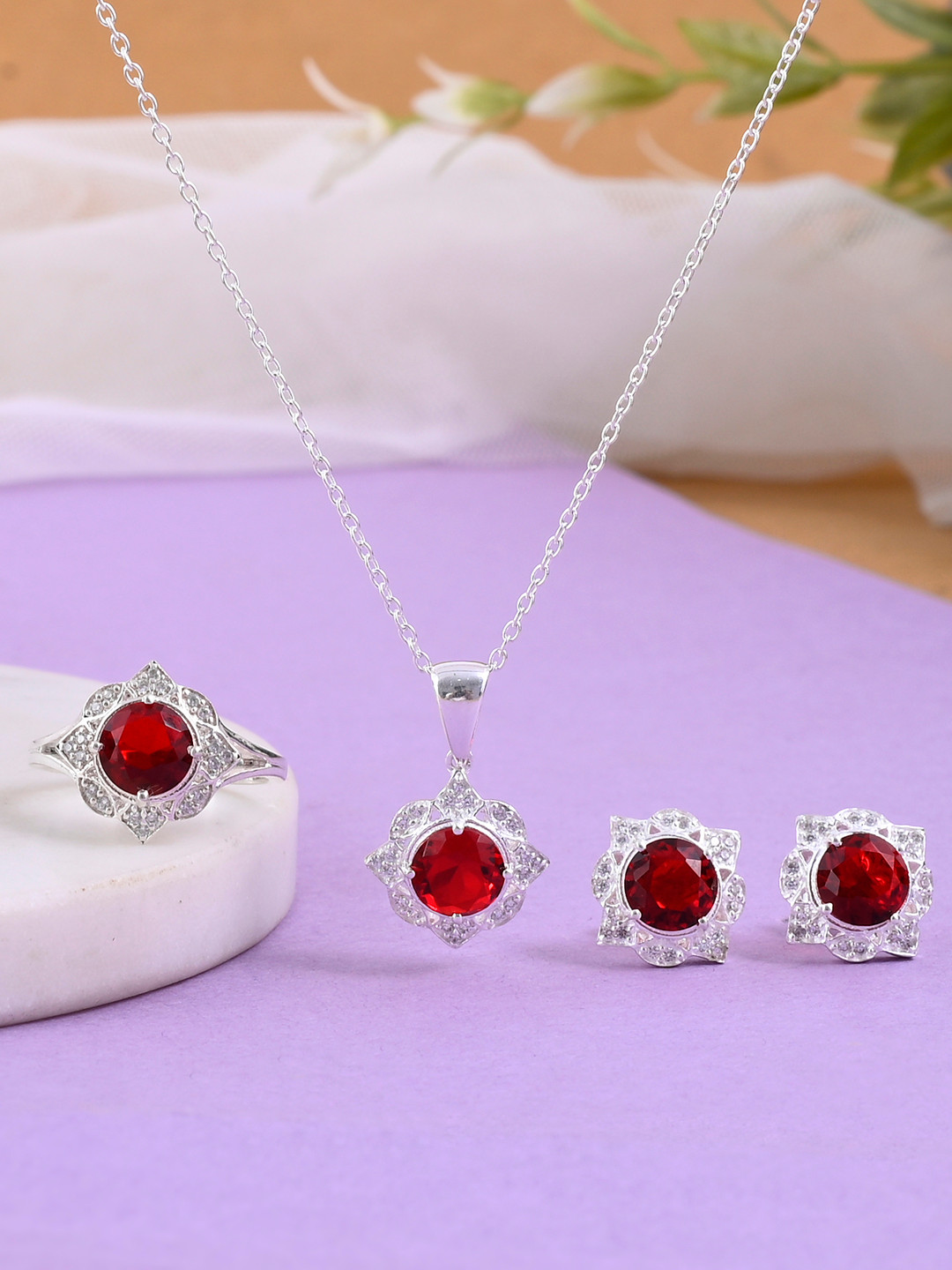 Studio Voylla Red 925 Sterling Silver Pendant Set