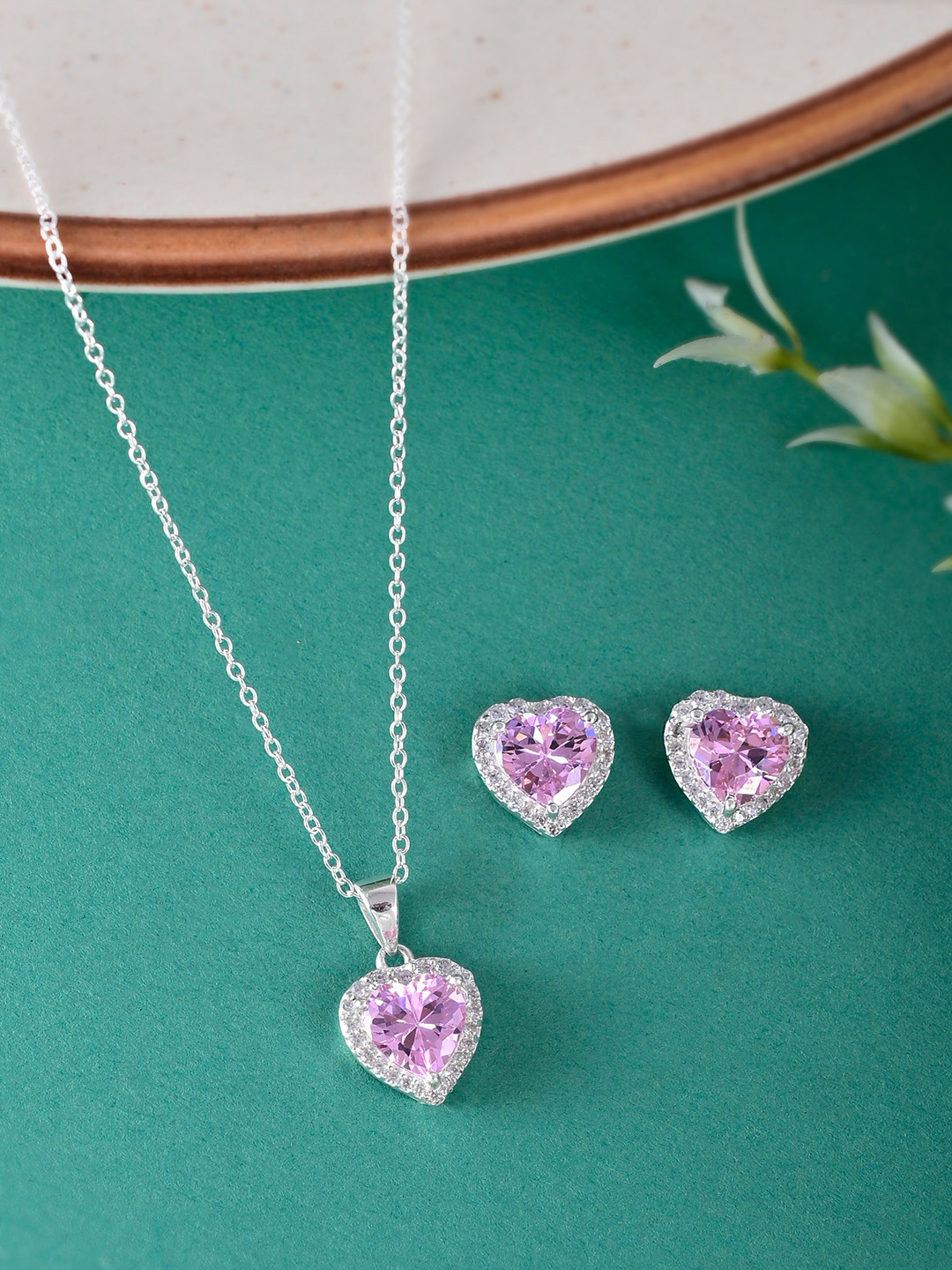 Studio Voylla Women 925 Sterling Silver Pink Heart Shaped Stone Stud Beaded Pendant Set