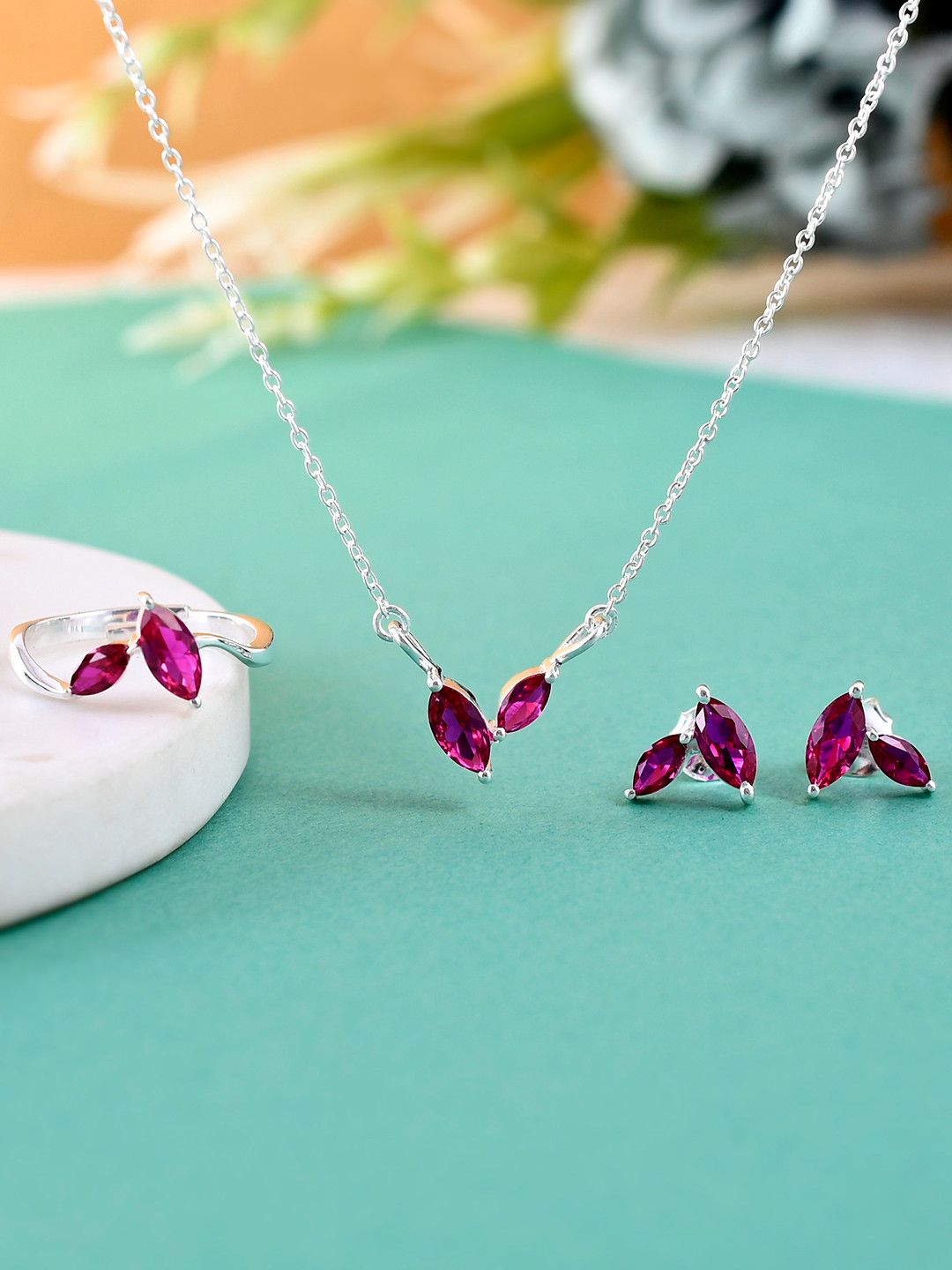 Studio Voylla 925 Sterling Silver Pink Jewellery Set