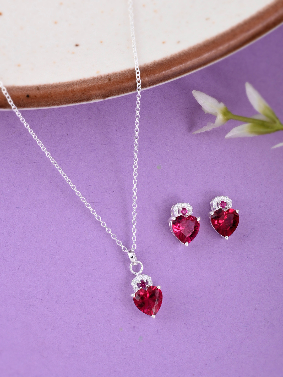 Studio Voylla Red 925 Sterling Silver Stone-Studded Pendant Chain Set