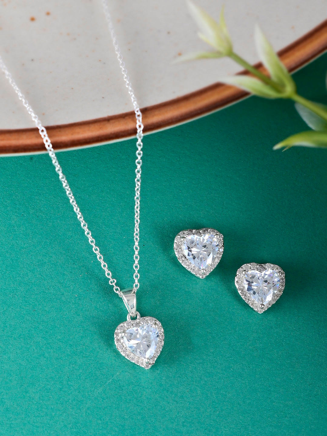 Studio Voylla 925 Silver Sterling Heart-Shaped Pendant Set