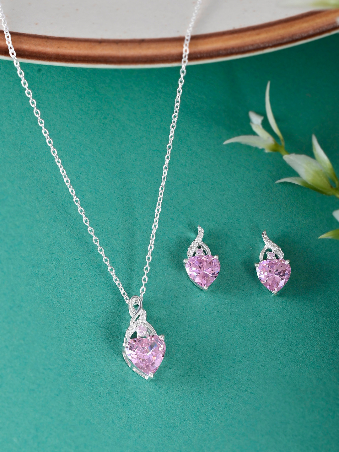 Studio Voylla Women Pink Contemporary 925 Sterling Silver Pendant with Earrings