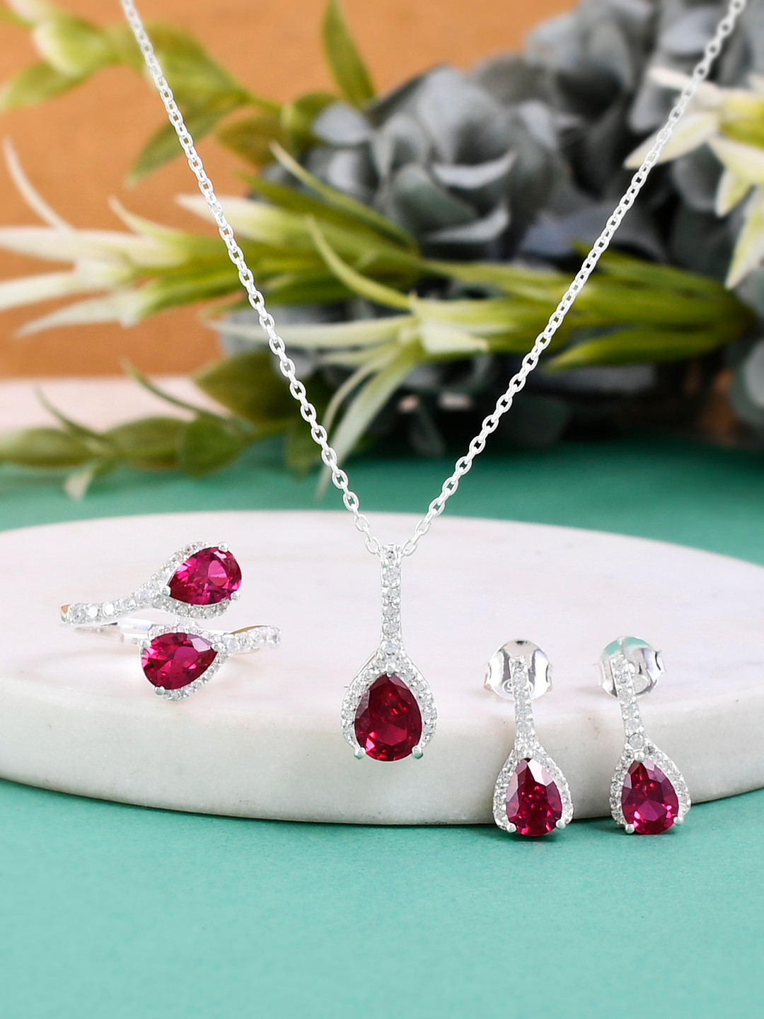 Studio Voylla Sterling Silver & Pink Studded Jewellery Set