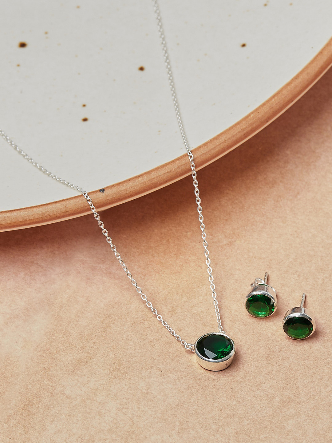Studio Voylla Women 925 Sterling Silver Green Stone Studded Pendant Earrings Set