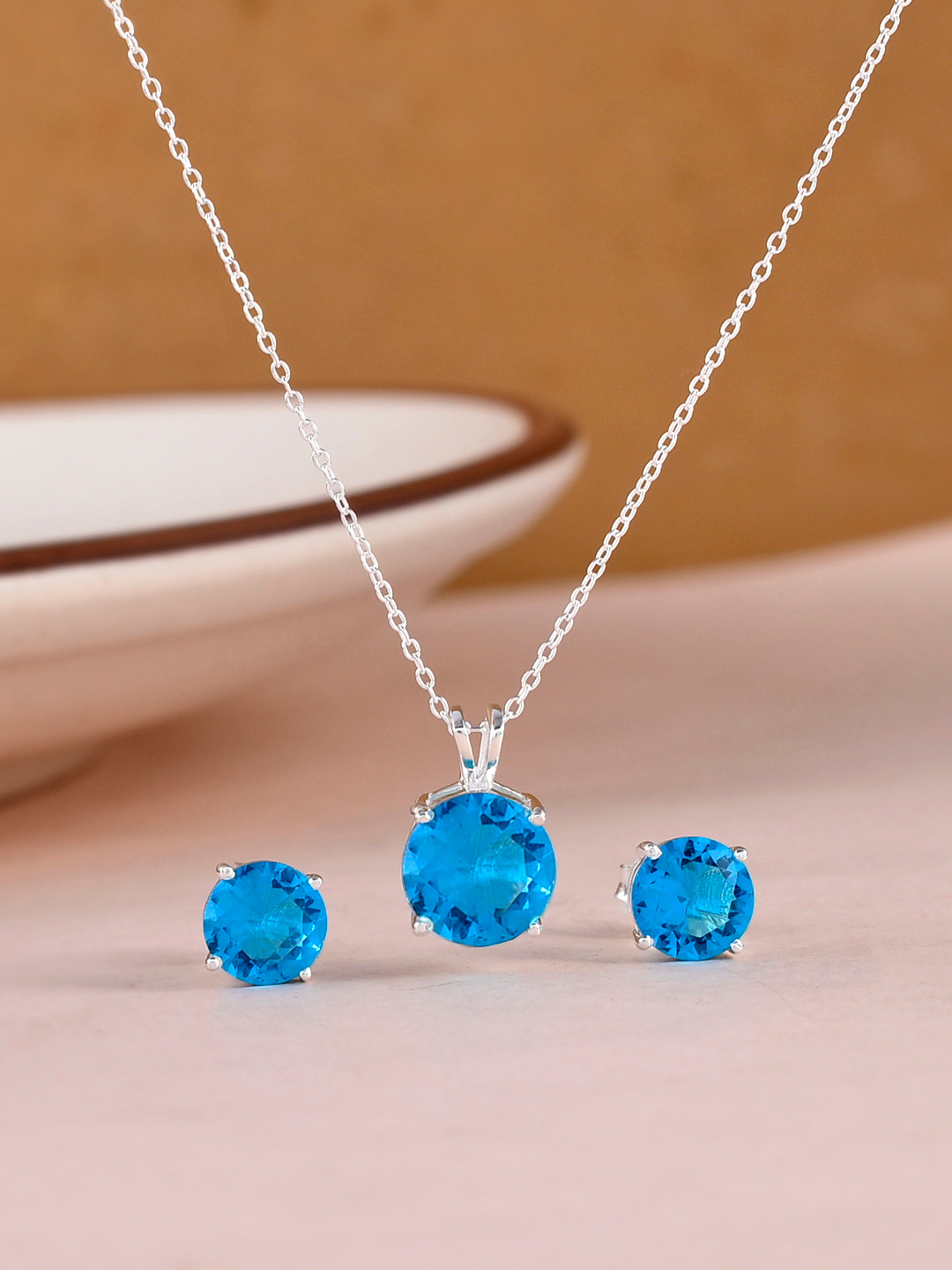 Studio Voylla 925 Sterling Silver Turquoise Blue Stone Studded Pendant Earrings Set