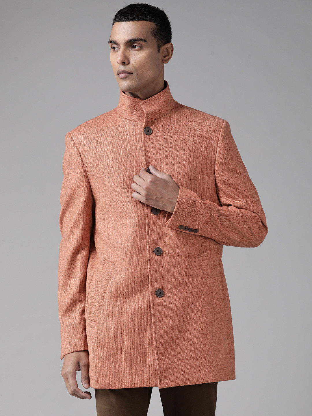 Blackberrys Men Rust Orange Slim Fit Single-Breasted Self Design Blazer