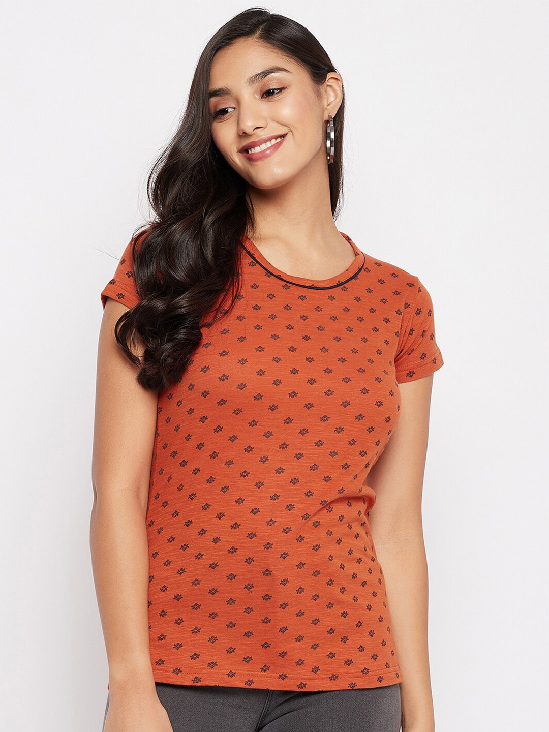 Duke Orange Printed Round Neck Top