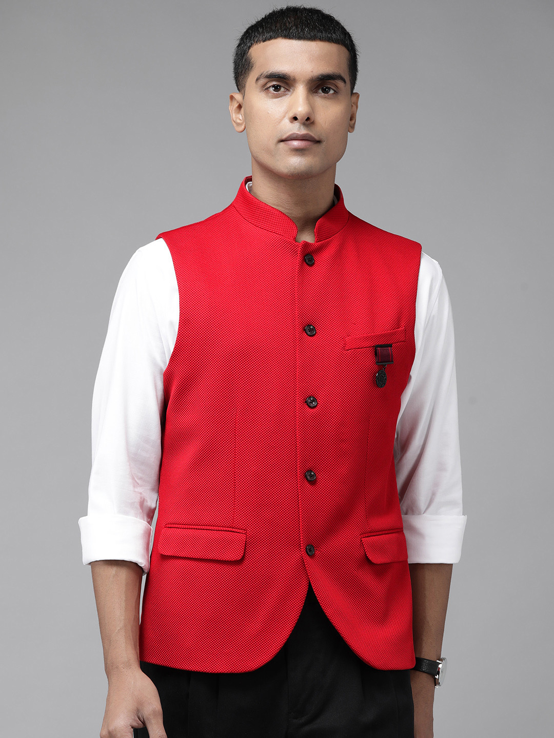 Blackberrys Men Red Pure Linen Self-Design Slim Fit Nehru Jacket