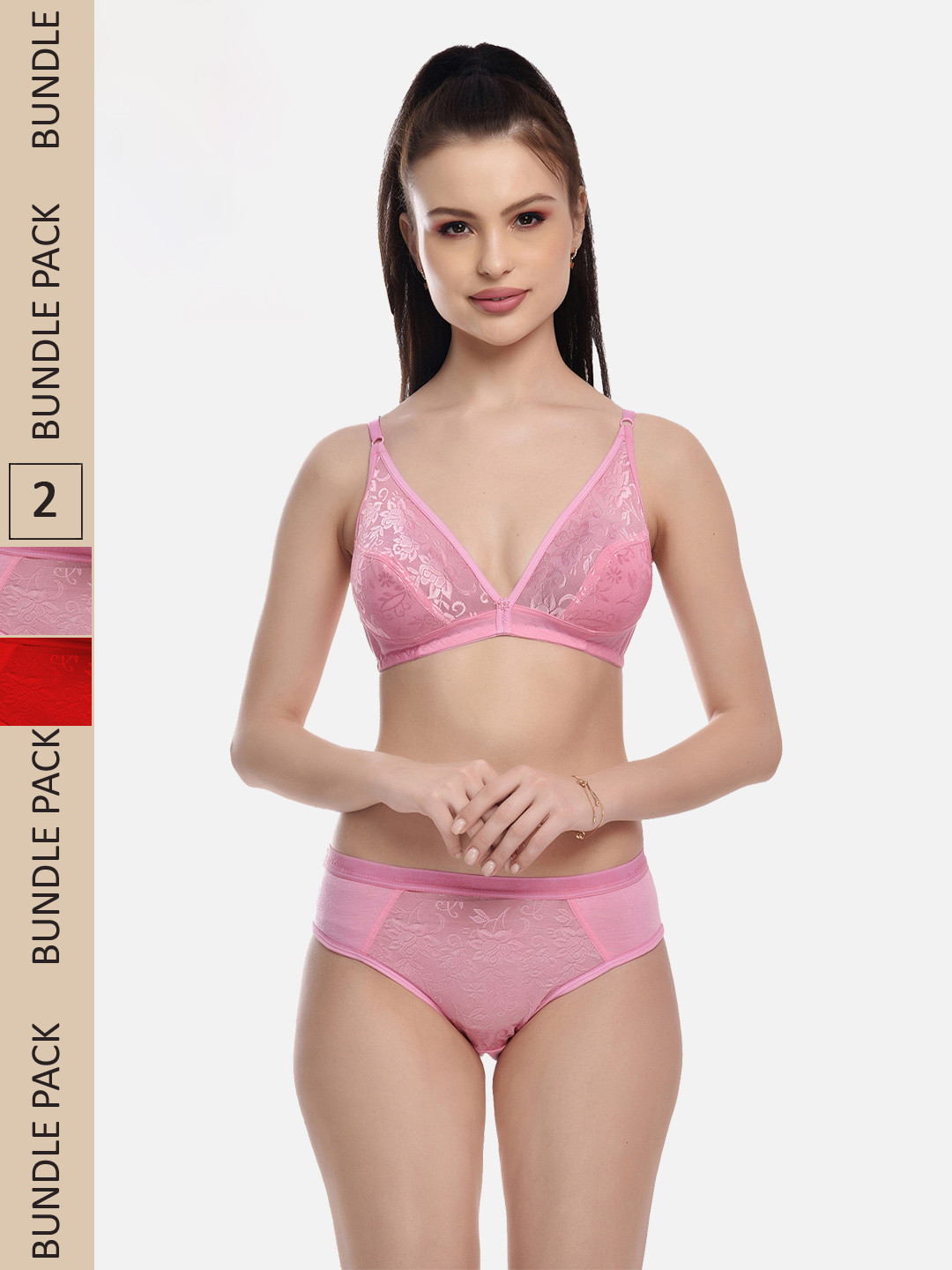 FIMS Women Set of 2 Pink & Red Lace Design Lingerie Set