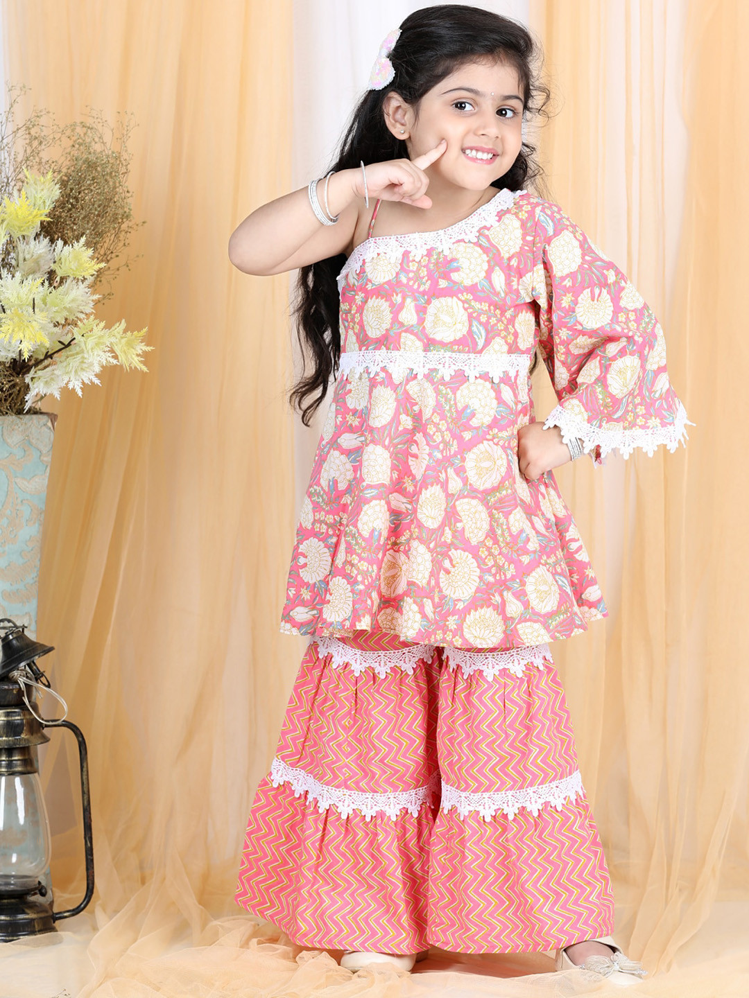 LIL PITAARA Girls Peach-Coloured Ethnic Motifs Printed Gotta Patti Pure Cotton Kurti with Sharara