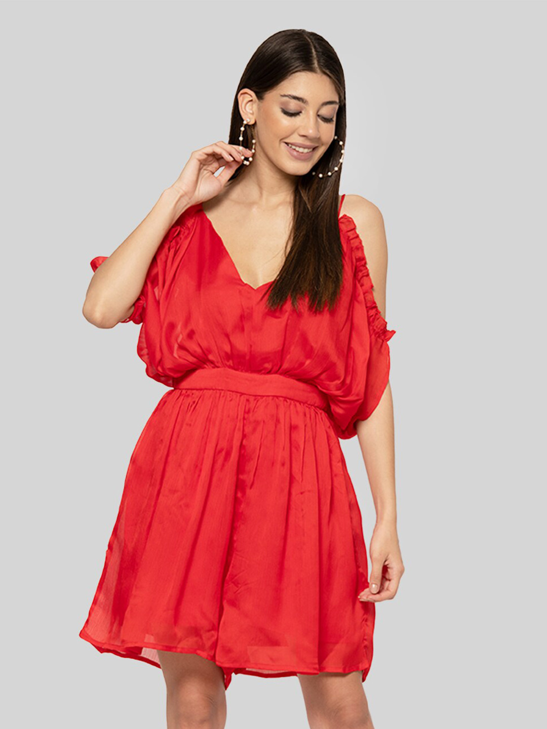 Fuchsia  Red Cold-Shoulder Sleeves Fit & Flare Polyester Mini Dress