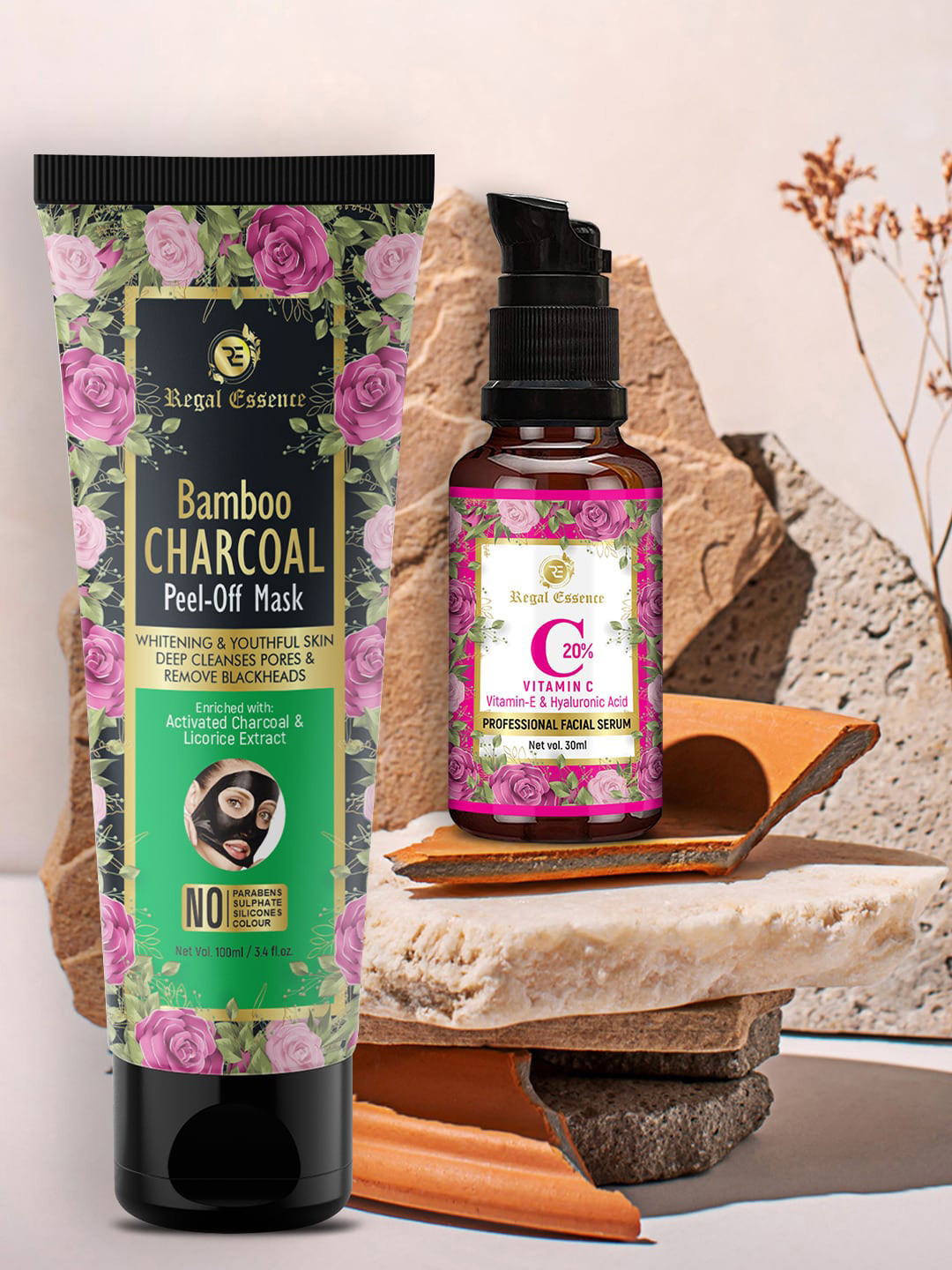 Regal Essence Set of 2 White Bamboo Activated Charcoal Mask & Vitamin C Face Serum