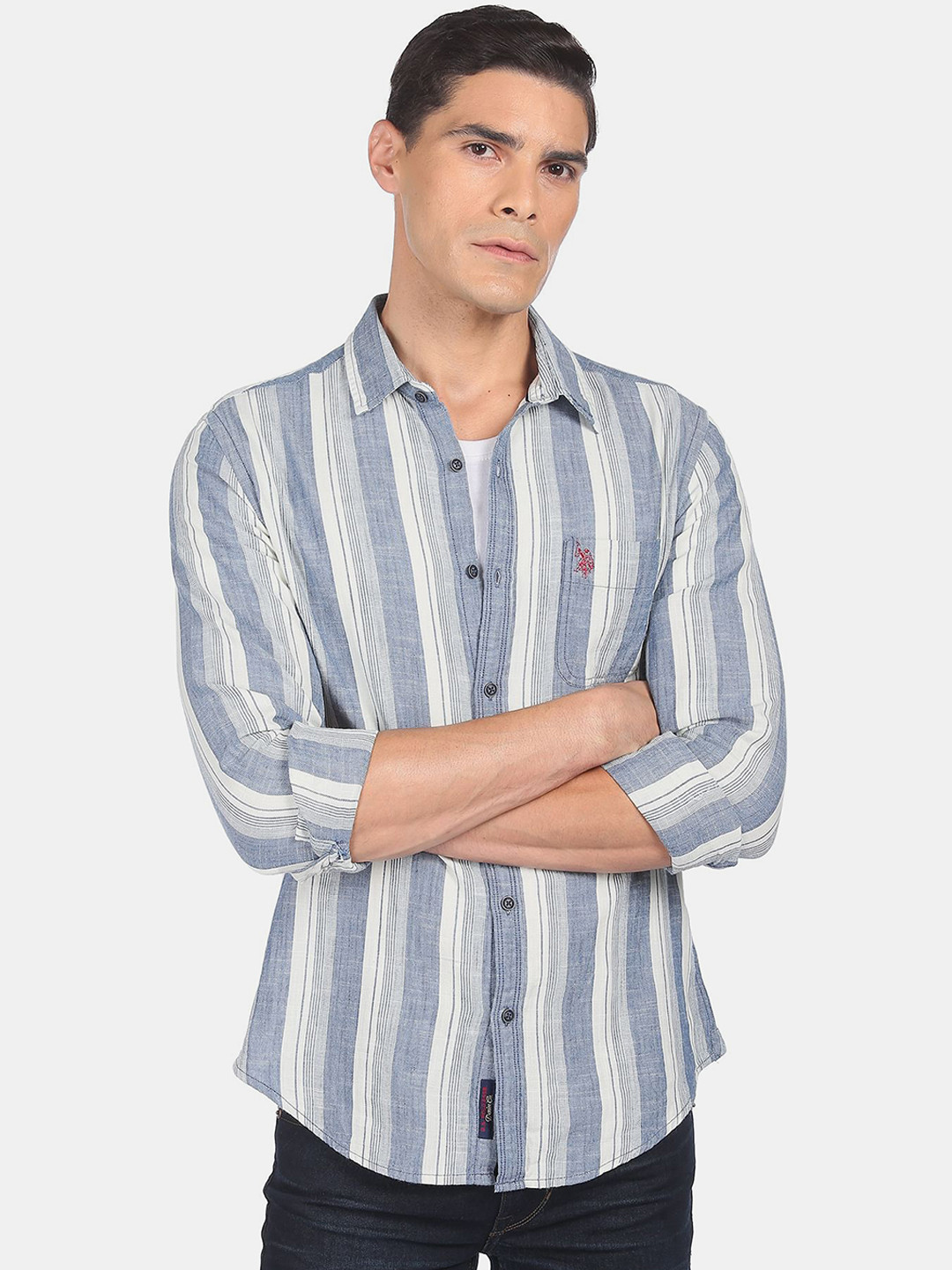 U.S. Polo Assn. Denim Co.Men's Blue Herringbone Weave Striped Casual Shirt