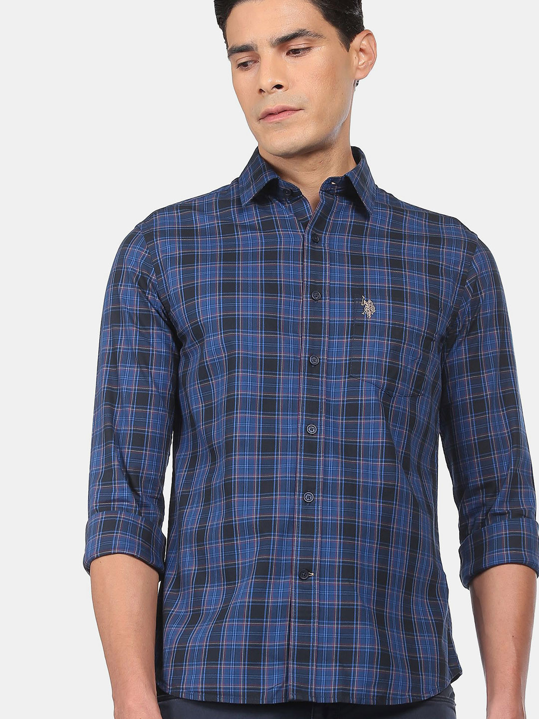 U S Polo Assn Men Blue Tartan Checks Casual Shirt