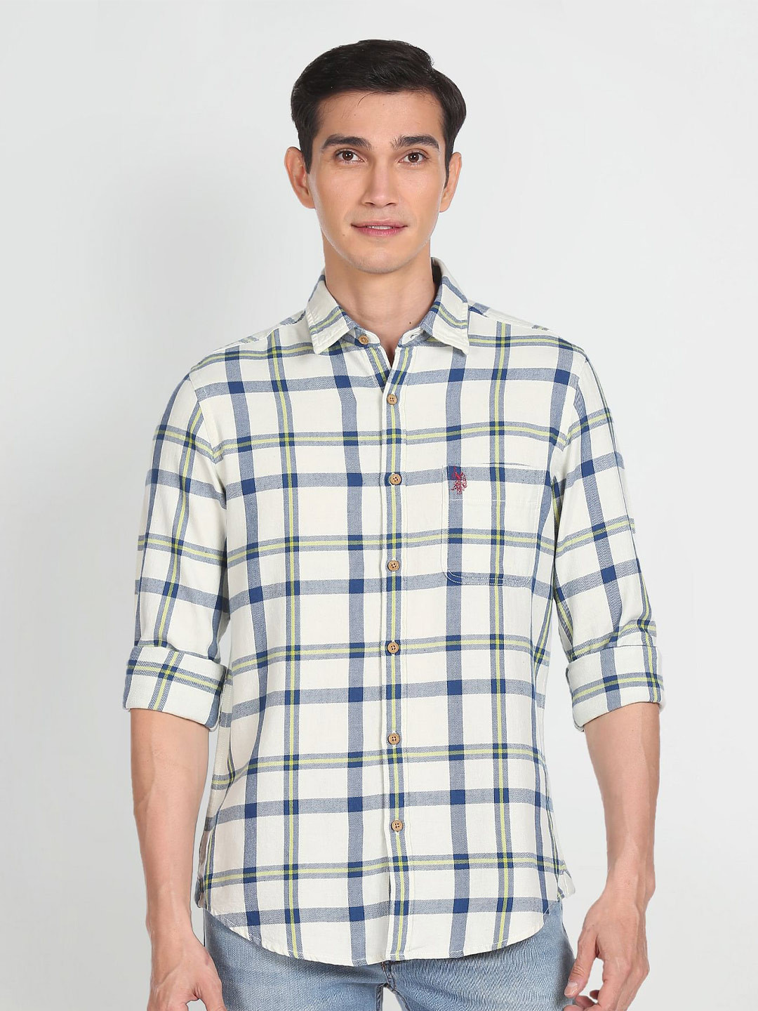 U.S. Polo Assn. Denim Co.Men White Tartan Checks Checked Casual Shirt