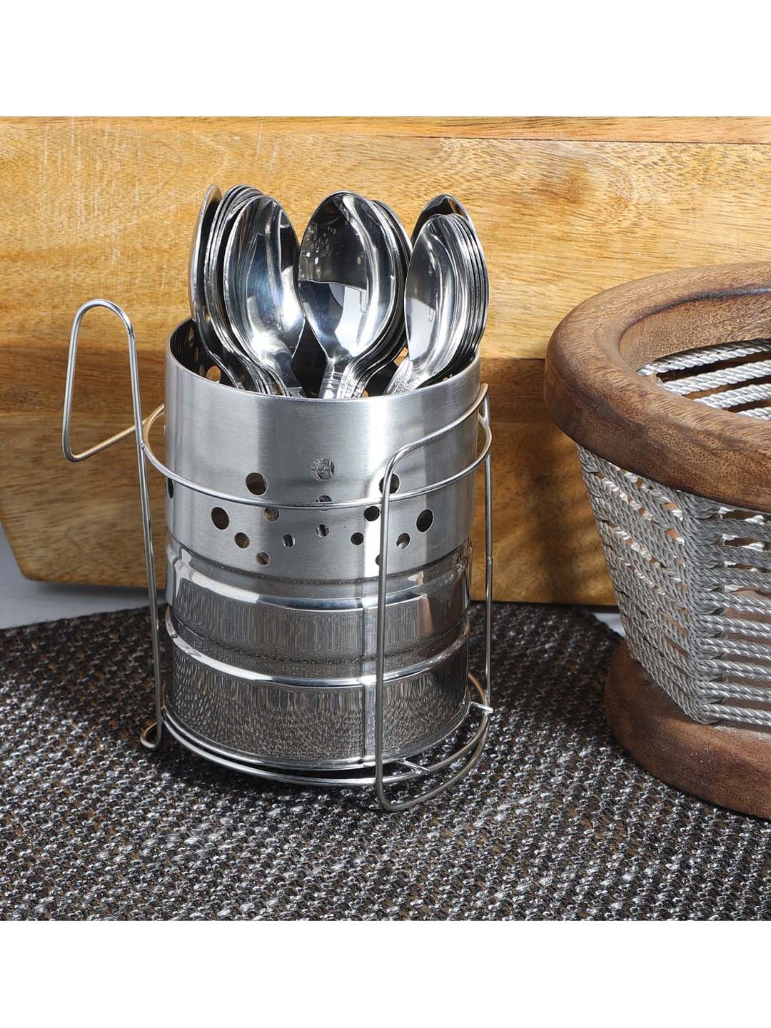 ZEVORA Silver-Colored Solid Cutlery Holder With 18 Spoon Set