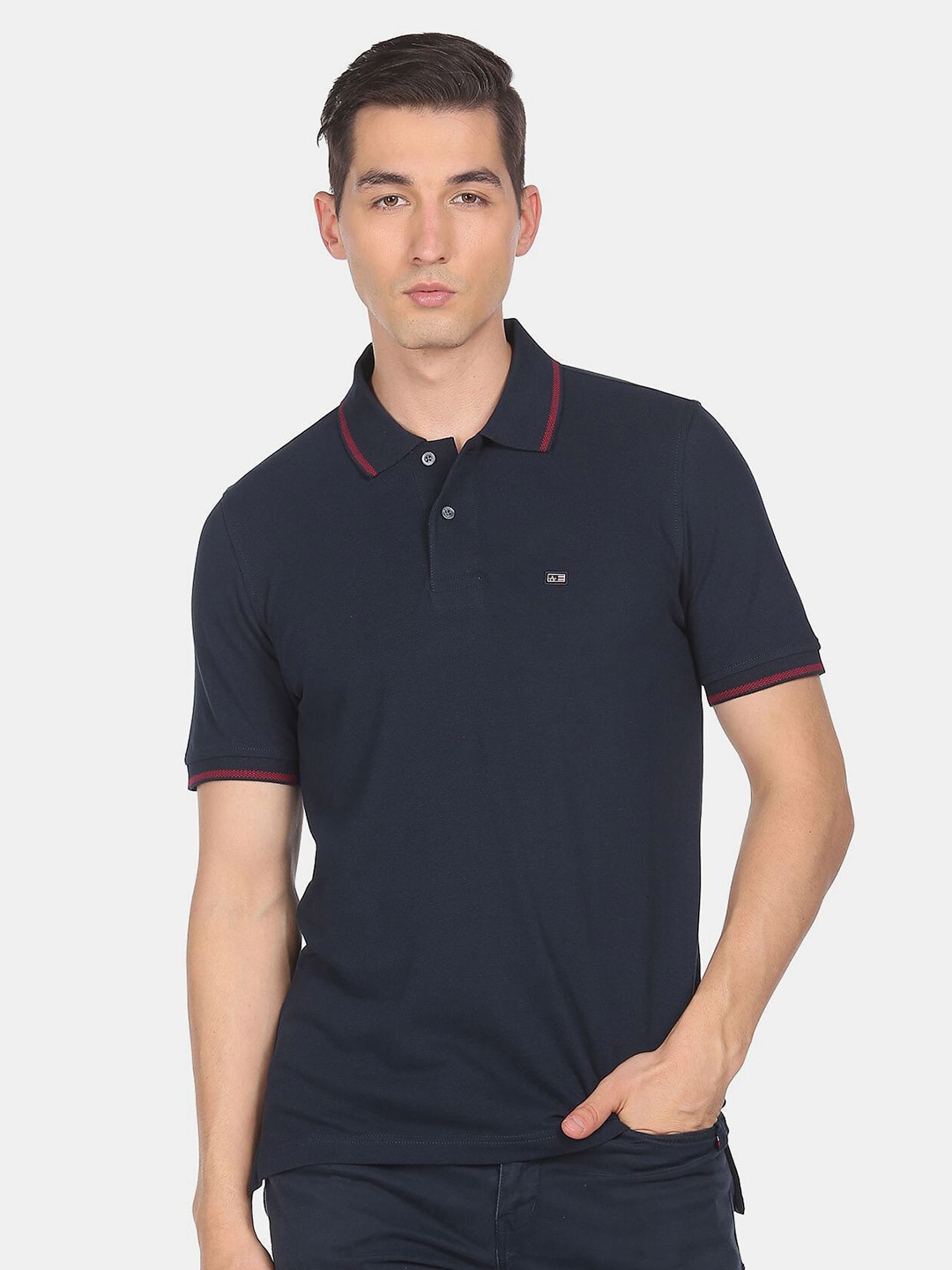 Arrow Sport Men Blue Polo Collar Applique T-shirt