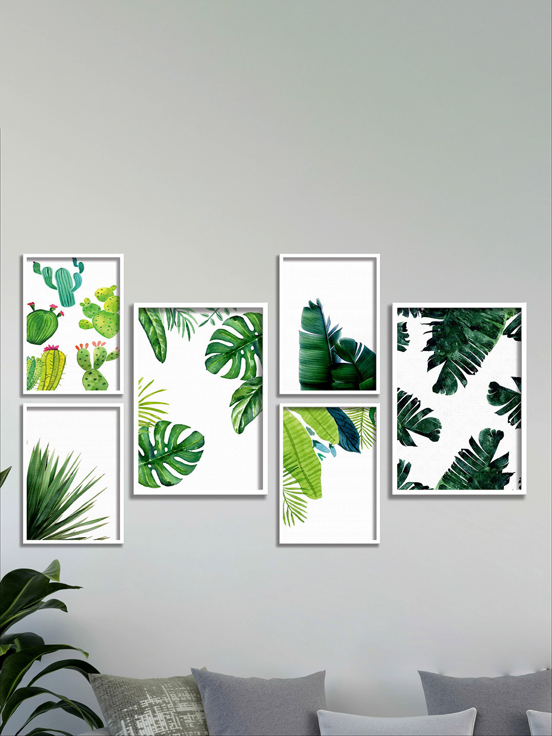 SAF Green & White Digital Print Painting Frame Wall Art Set Of 6