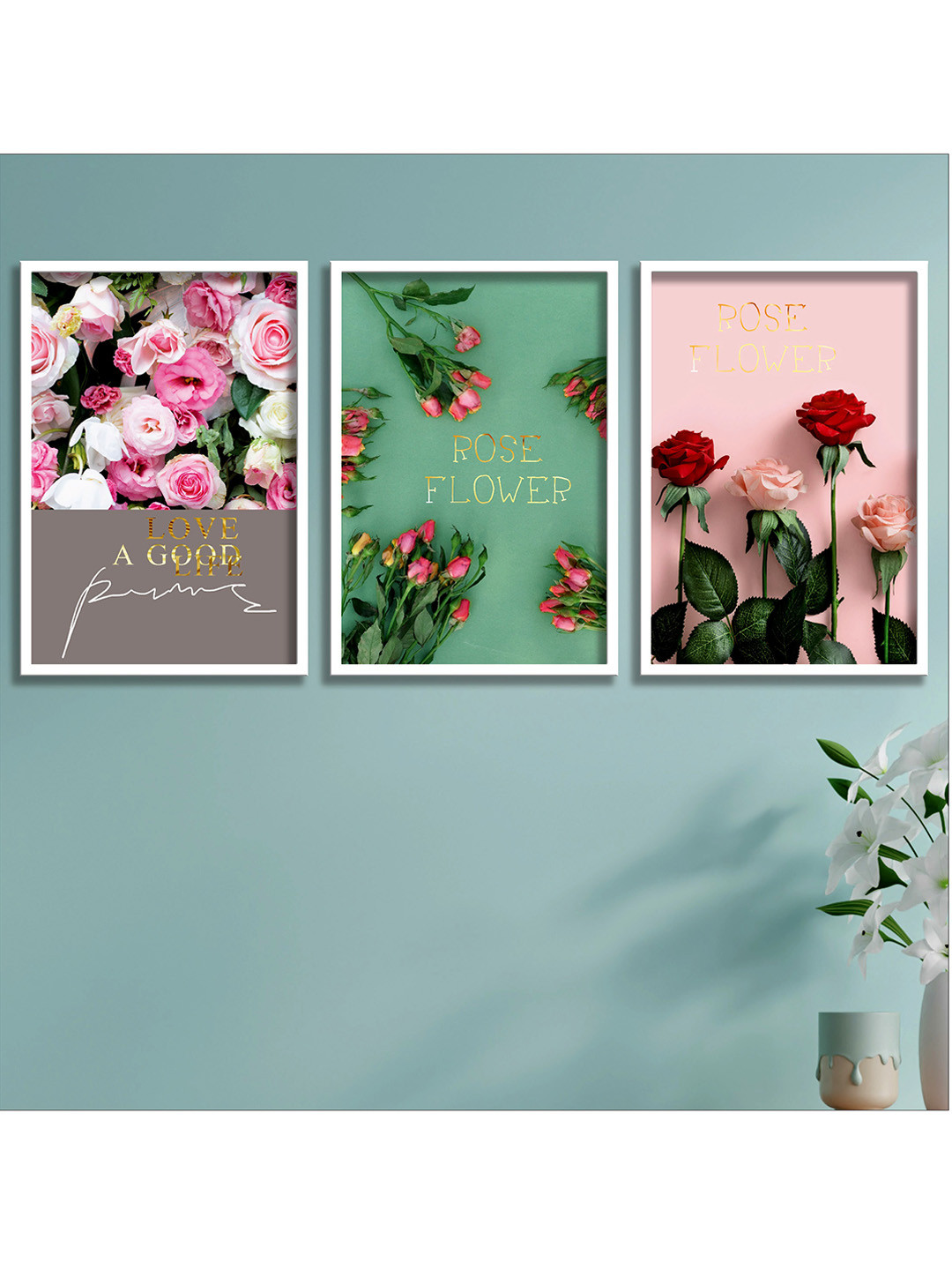 SAF Set Of 3 Pink & Green Digital Reprint Wall Art