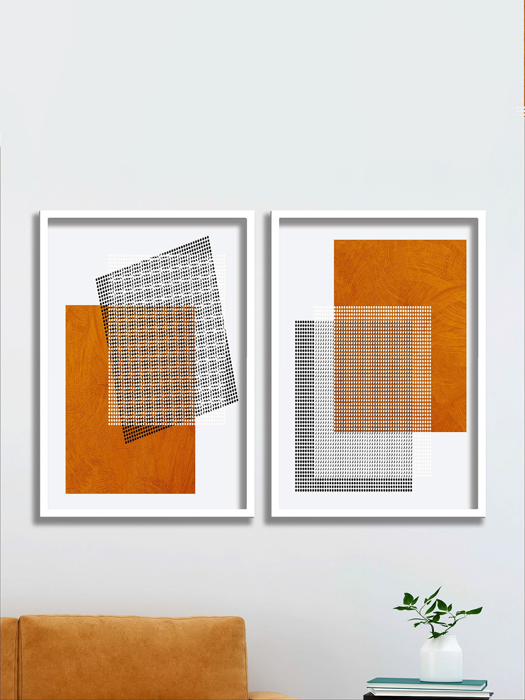 SAF Set Of 2 White & Yellow Modern Art Canvas Painting Wall Art