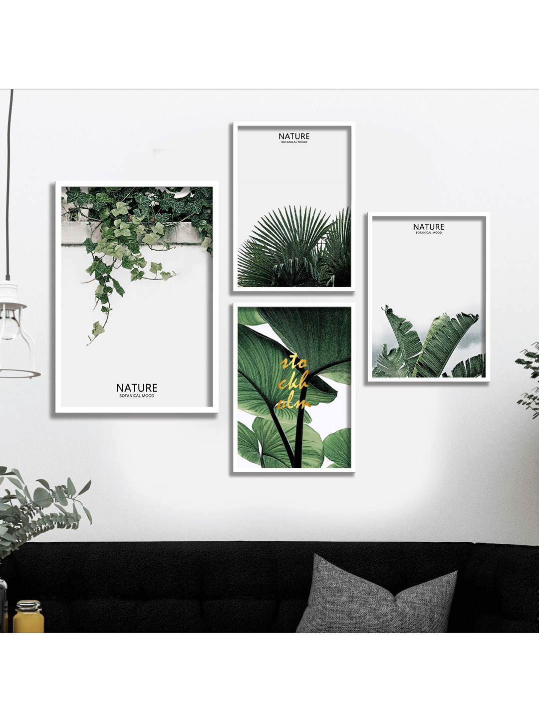 SAF Pack Of 4 White & Green Printed Framed Wall Art